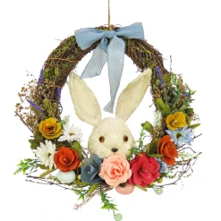 16 in. Easter Wreath Decorated with Multicolor Flower Blooms, Leafy Greens, Bunny Head