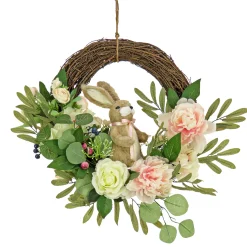18 in. Easter Wreath Decorated with Pastel Flower Blooms, Bunny, Leafy Greens