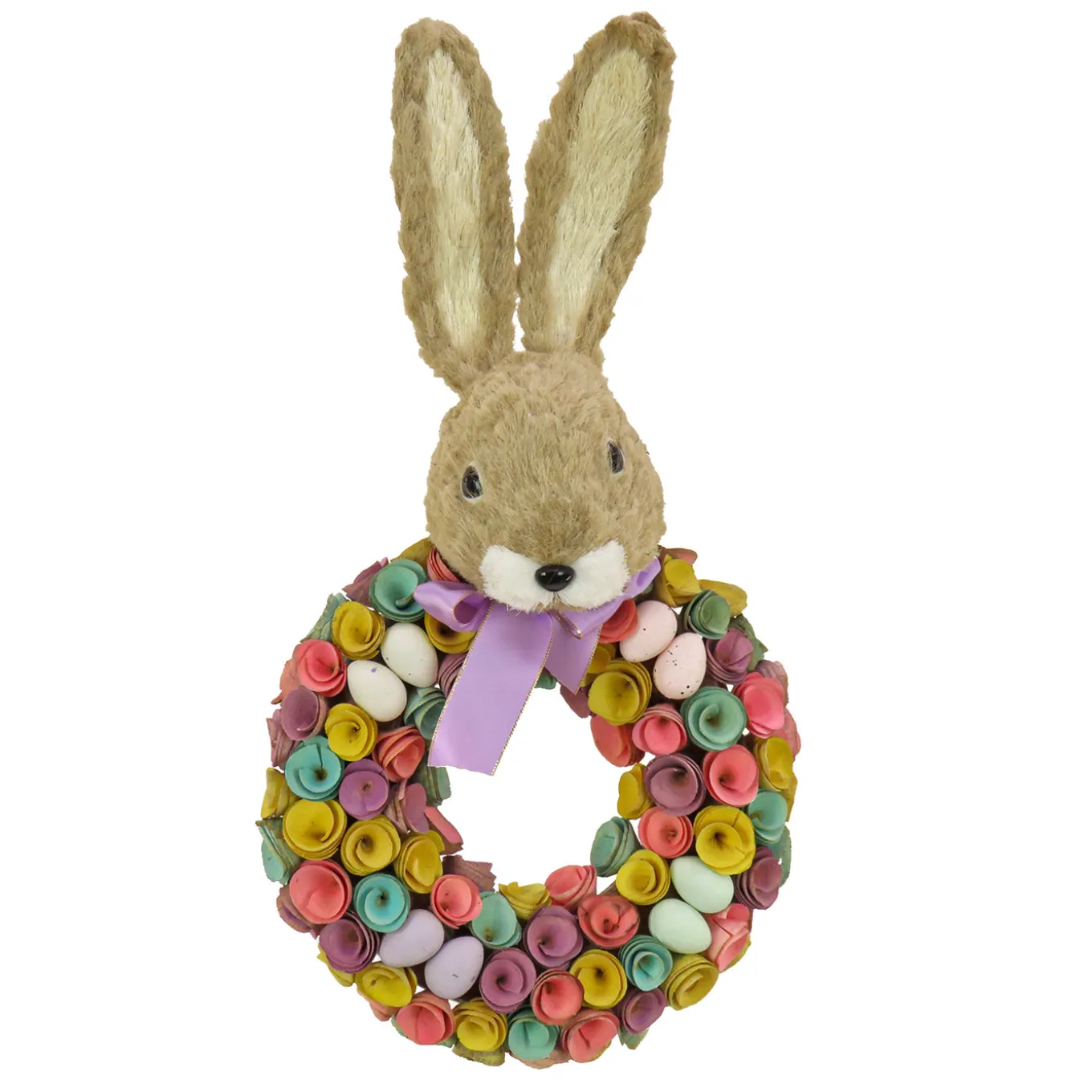 24 in. Easter Wreath Decorated with Colorful Flower Blooms, Pastel Eggs, Bunny Head