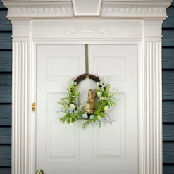 16 in. Easter Wreath Decorated with Wooden Bunny, Blue Flower Blooms, Pastel Eggs, Berries