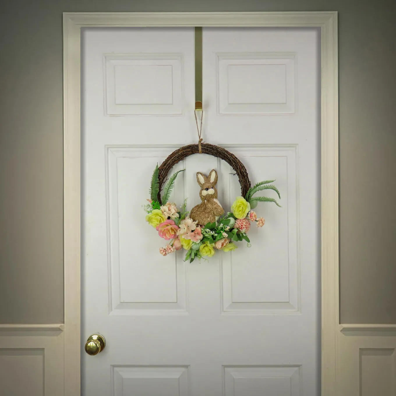 16 in. Easter Wreath Decorated with Pastel Flower Blooms, Bunny, Leafy Greens