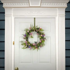 22 in. Easter Wreath Decorated with Pink Pastel Eggs, Purple Flowers, Ferns, Leafy Greens