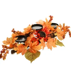 24 in. Fall Centerpiece, Three Candle Holders, Decorated with Sunflower Blooms, Pinecones, Berry Clusters