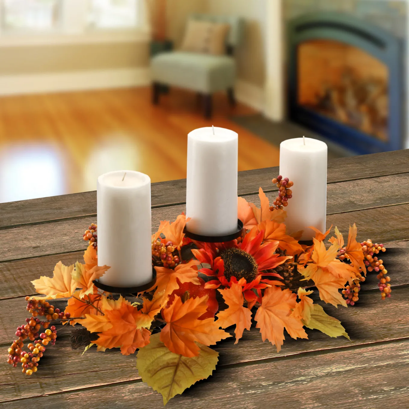 24 in. Fall Centerpiece, Three Candle Holders, Decorated with Sunflower Blooms, Pinecones, Berry Clusters
