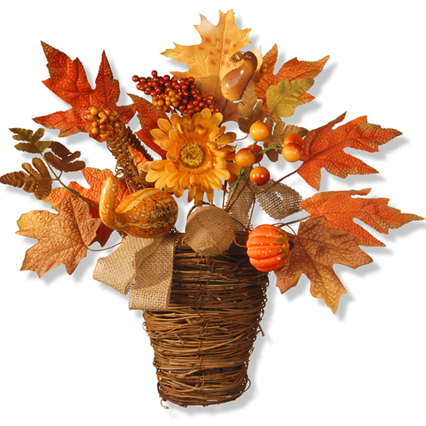 16 in. Fall Flowers in Wicker Basket with Pumpkins, Gourds, Berry Clusters, Burlap, Maple Leaves