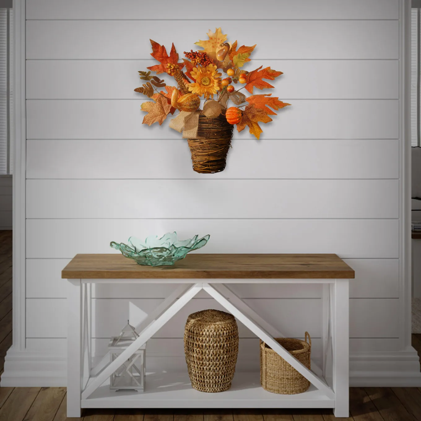 16 in. Fall Flowers in Wicker Basket with Pumpkins, Gourds, Berry Clusters, Burlap, Maple Leaves