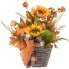 16 in. Fall Flowers in Wicker Basket, Decorated with Pumpkins, Gourds, Sunflower Blooms, Burlap Bows, Maple Leaves