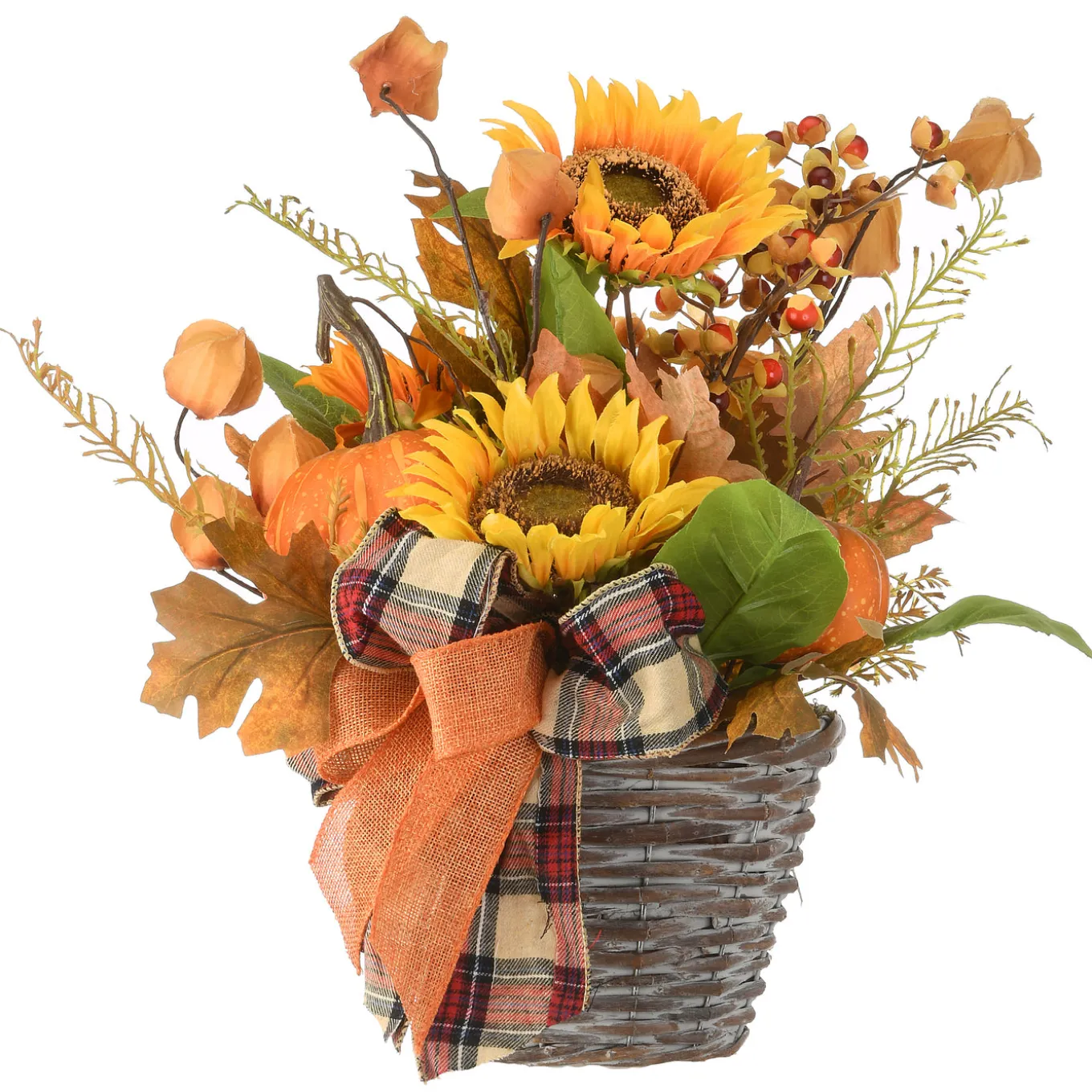 16 in. Fall Flowers in Wicker Basket, Decorated with Pumpkins, Gourds, Sunflower Blooms, Burlap Bows, Maple Leaves