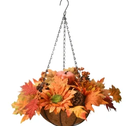 18 in. Fall Hanging Basket with Maple Leaves, Sunflowers, Cones, Berries, Pumpkin
