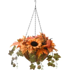 18 in. Fall Hanging Basket with Ivy Leaves, Sunflowers, Cones, Berries, Gourds, Pumpkin