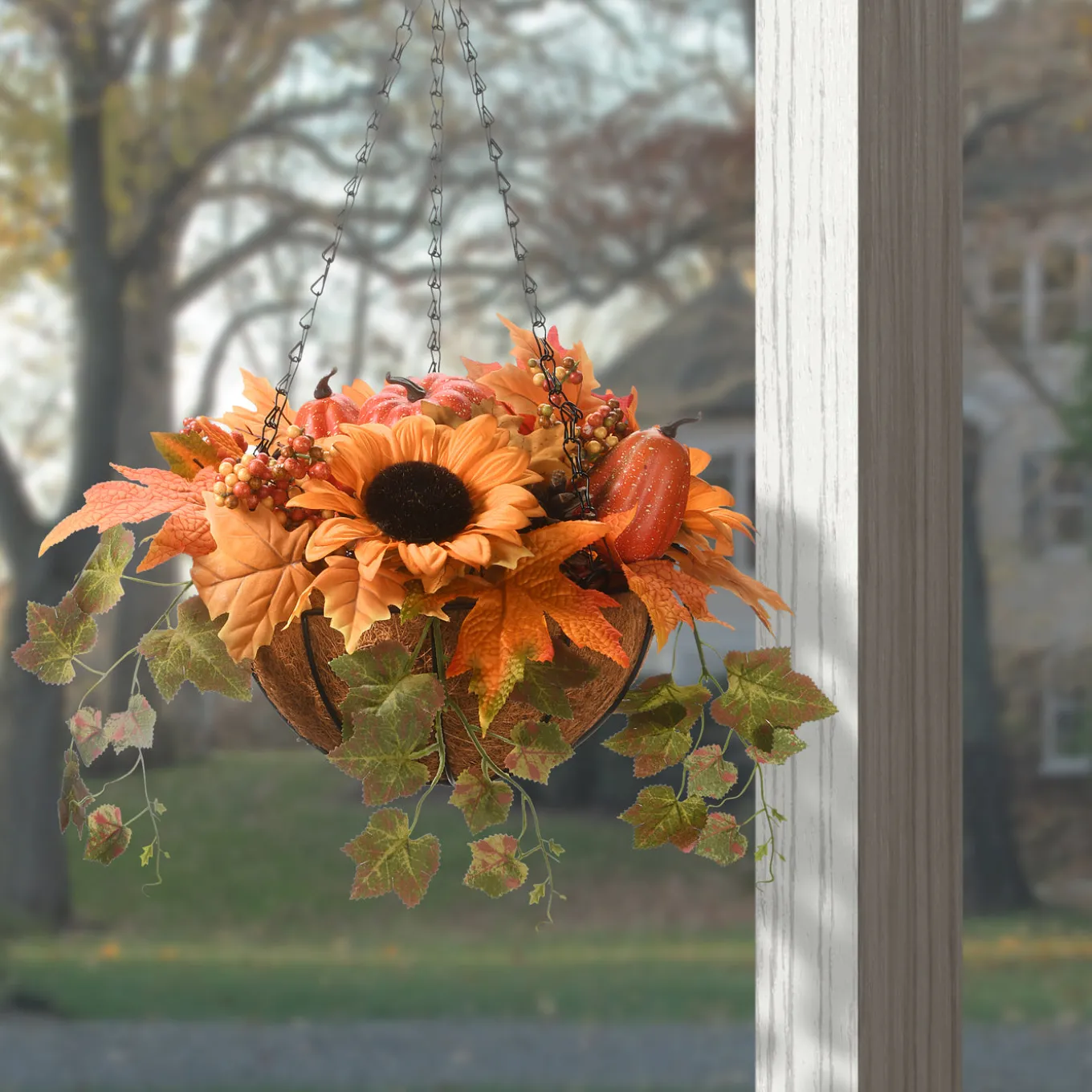 18 in. Fall Hanging Basket with Ivy Leaves, Sunflowers, Cones, Berries, Gourds, Pumpkin