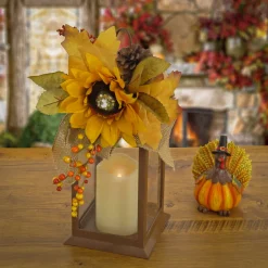 14 in. Fall Lantern with Sunflower, Mixed Leaves, Pinecone and Bow