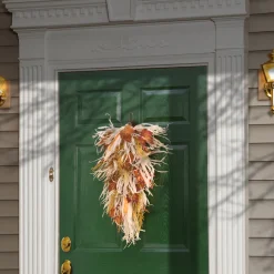 30 in. Fall Teardrop with Raffia Leaves, Corn Cobs, Berry Clusters