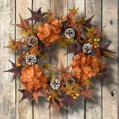 24 in. Fall Wreath with Hydrangeas, Maple Leaves, Pinecones, Berry Clusters