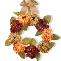 24 in. Fall Wreath with Hydrangeas, Elm Leaves, Burlap Ribbon
