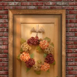 24 in. Fall Wreath with Hydrangeas, Elm Leaves, Burlap Ribbon