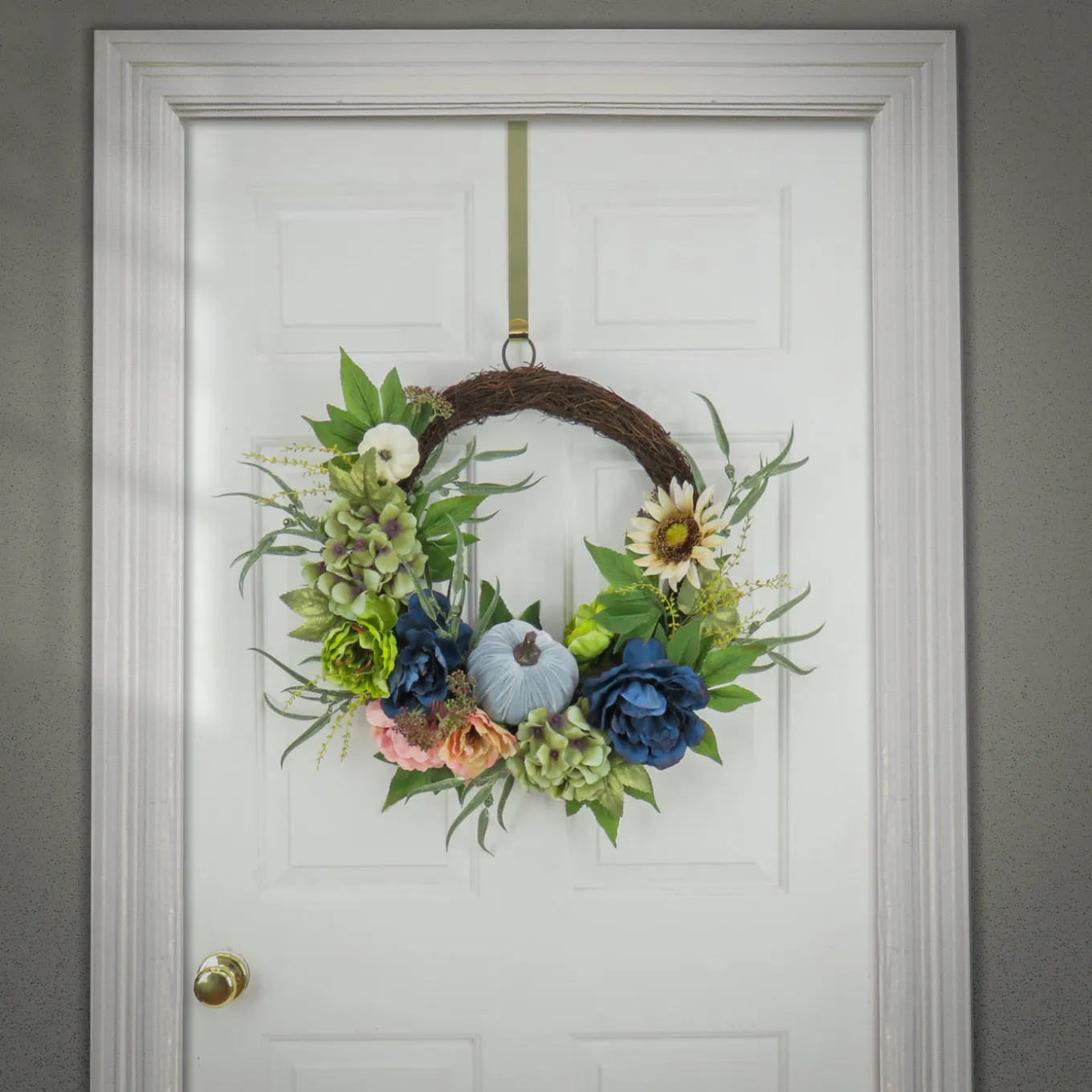 22 in. Fall Wreath with Mixed Leaves, Hydrangea, Peony and Pumpkin