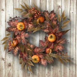 24 in. Fall Wreath with Pumpkins, Berry Clusters, Ivy, Maple Leaves
