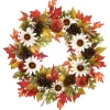 32 in. Fall Wreath with Pumpkin Gourds, Pine Cones, Maple Leaves, Sunflower Blooms