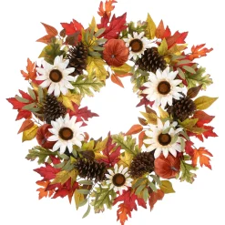 32 in. Fall Wreath with Pumpkin Gourds, Pine Cones, Maple Leaves, Sunflower Blooms