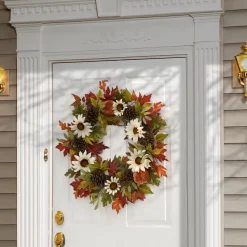 32 in. Fall Wreath with Pumpkin Gourds, Pine Cones, Maple Leaves, Sunflower Blooms