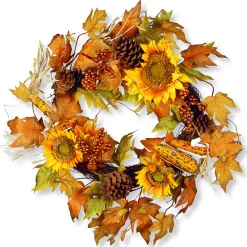 24 in. Fall Wreath with Sunflowers, Pinecones, Berry Clusters, Corncobs, Maple Leaves