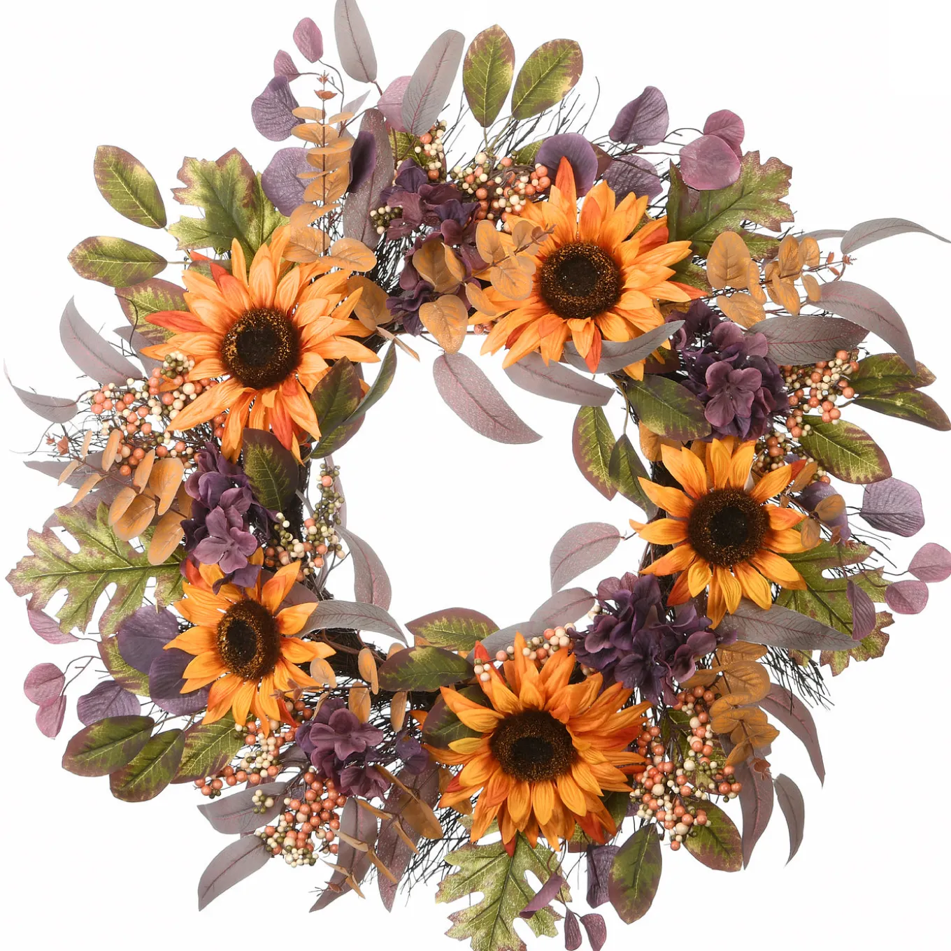 30 in. Fall Wreath with Sunflowers, Hydrangea Blooms, Assorted Leaves, Berry Clusters