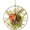 13 in. Flower Circle Hanging Fall Decoration with Fern Fronds, Leaves, Pumpkins, Twig Cones