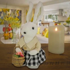 12 in. Fluffy Female Bunny Holding Flower Basket Table Decoration