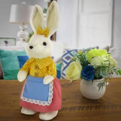 14 in. Fluffy Female Bunny with Yellow, Pink & Blue Dress Table Decoration