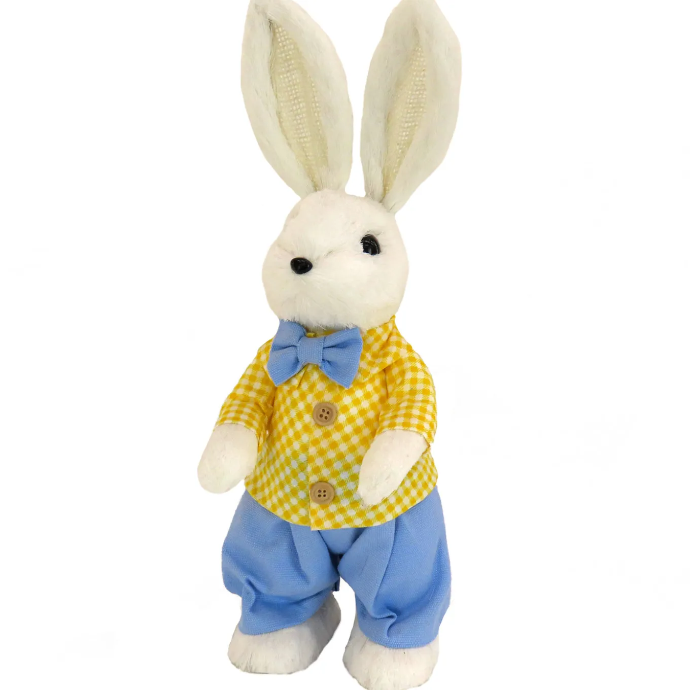 14 in. Fluffy Male Easter Bunny with Yellow & Blue Suit Table Decoration