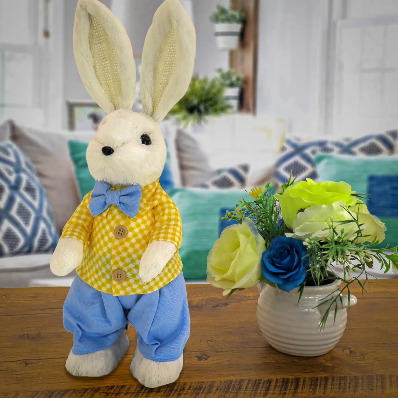 14 in. Fluffy Male Easter Bunny with Yellow & Blue Suit Table Decoration