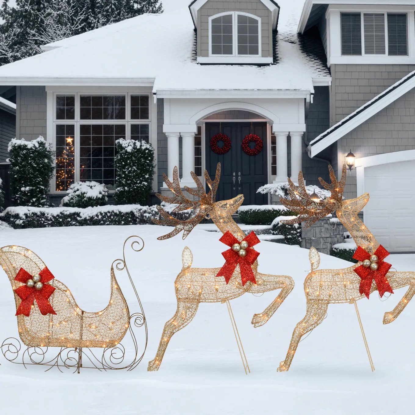 42 in. Glittered Mesh Fabric Deer with 27 in. Sleigh and Lights