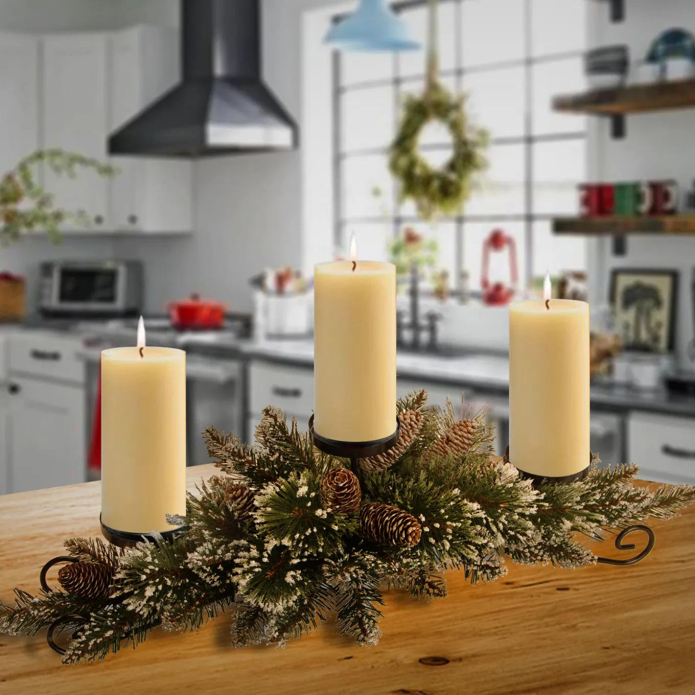 30 in. Glittery Bristle Pine Centerpiece and Candle Holder