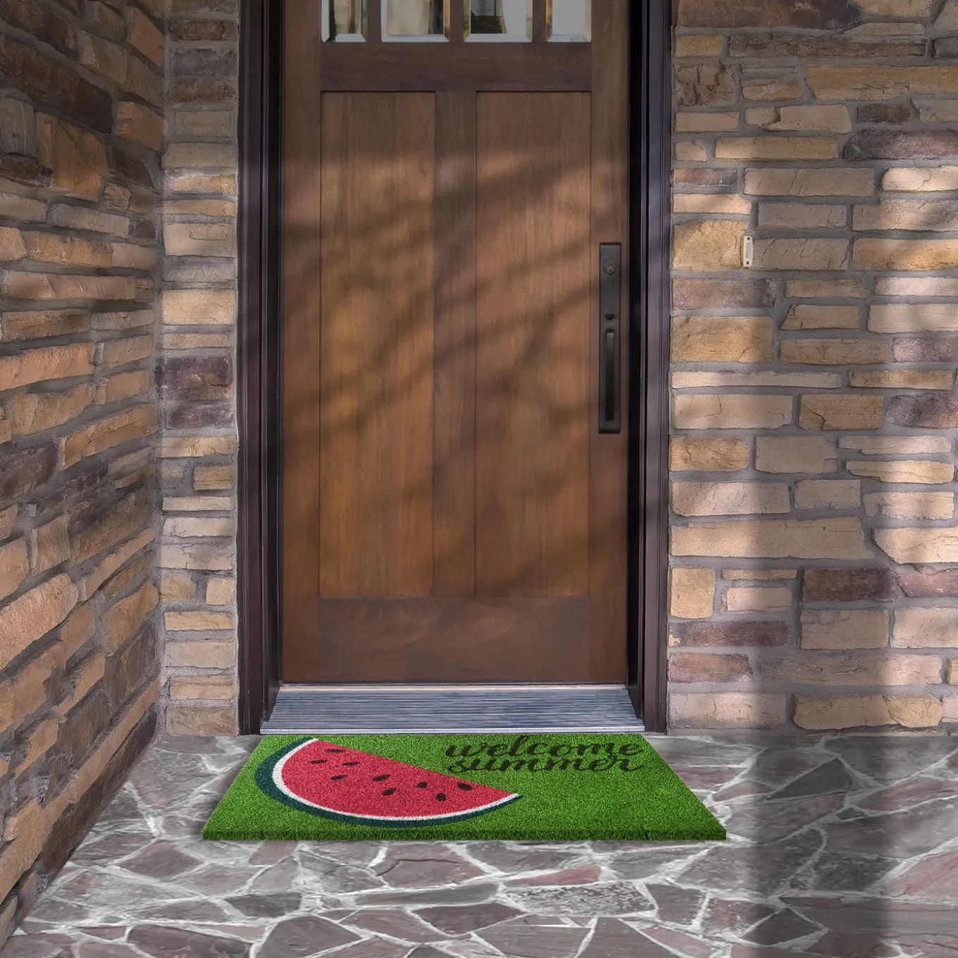 30 in. Green Welcome Summer Watermelon Coir Doormat
