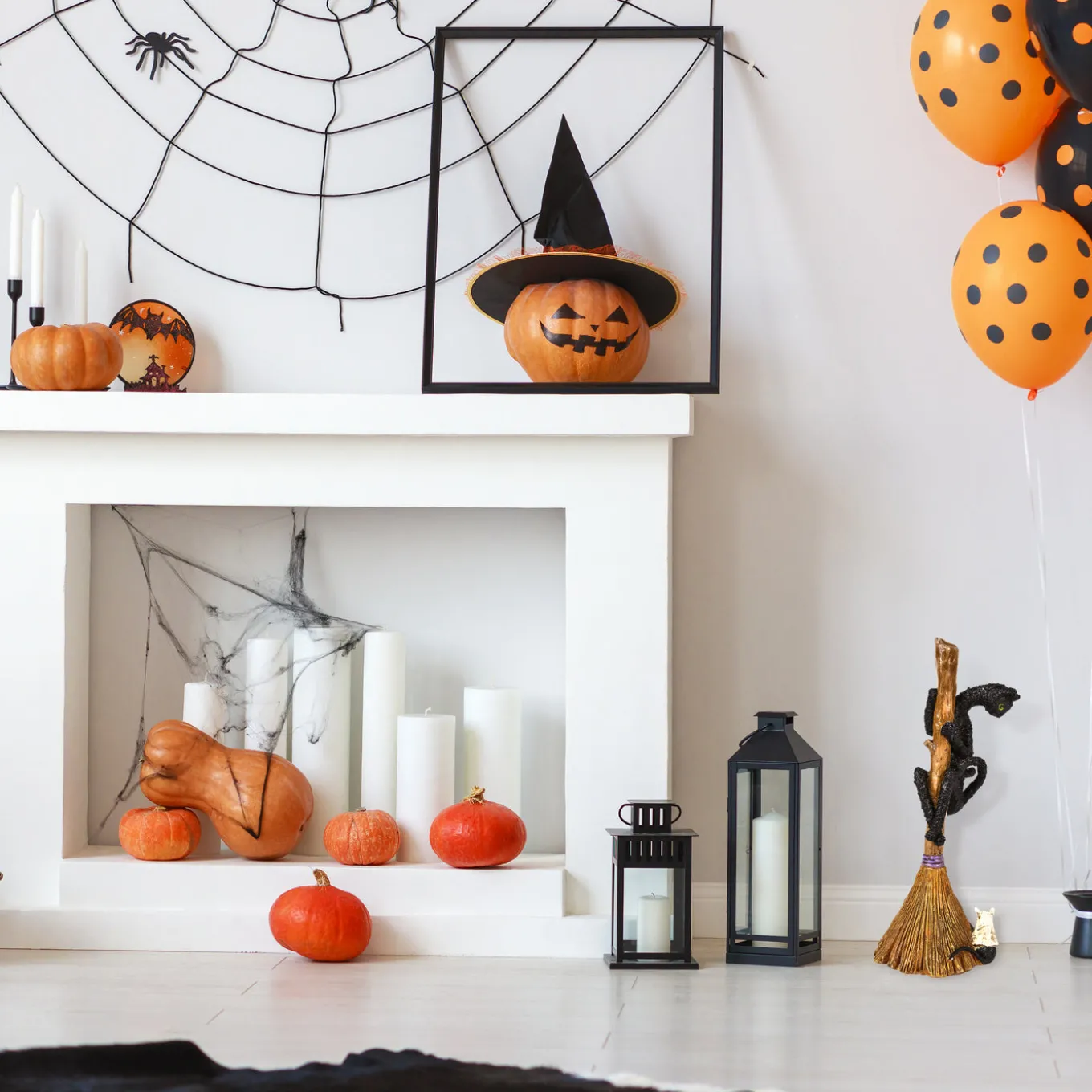 21 in. Halloween Black Cat with a Broom Tabletop Decoration