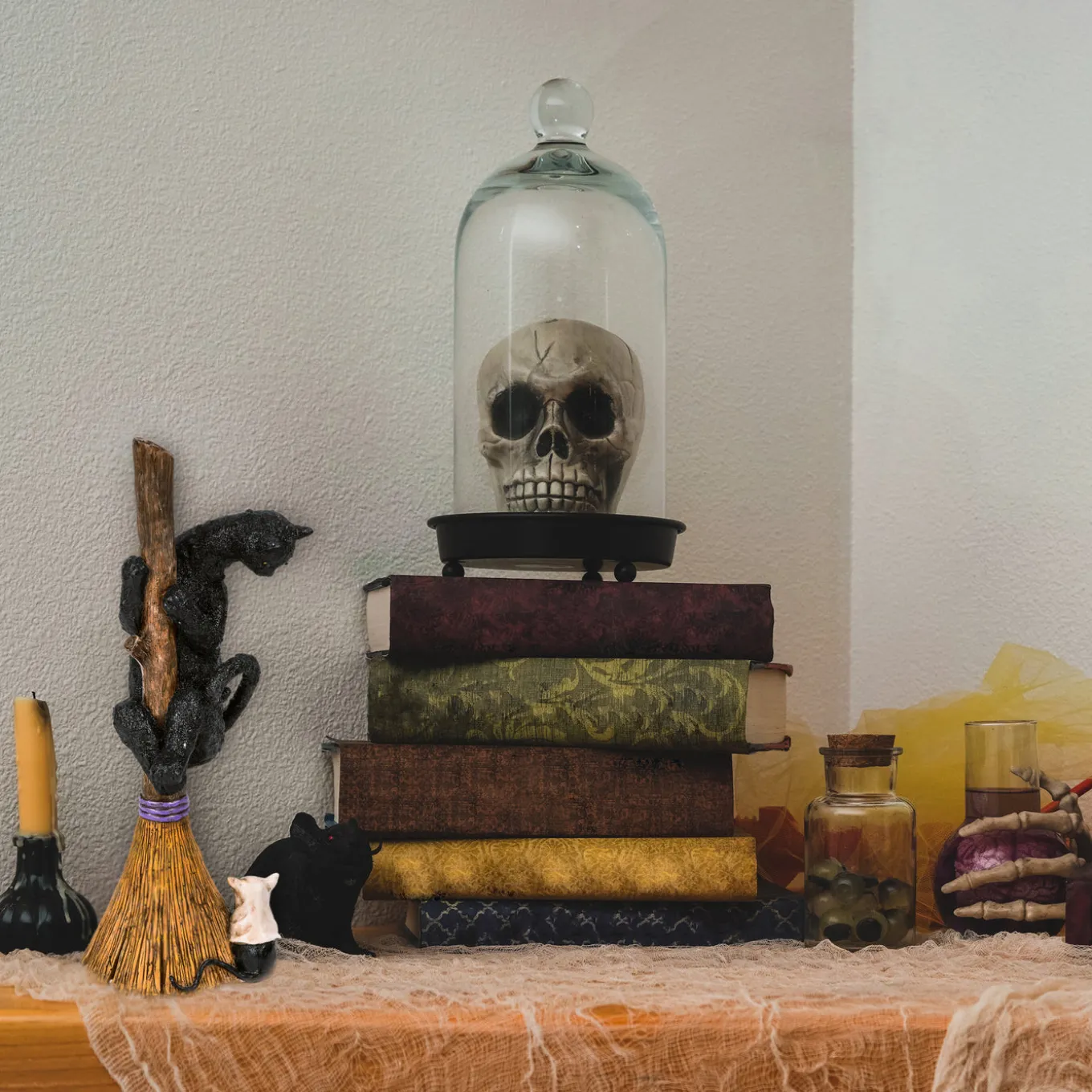 13 in. Halloween Black Cat with a Broom Tabletop Decoration