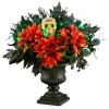 20 in. Halloween Boo-tiful Urn with Orange Florals and White Skull, LED Lights