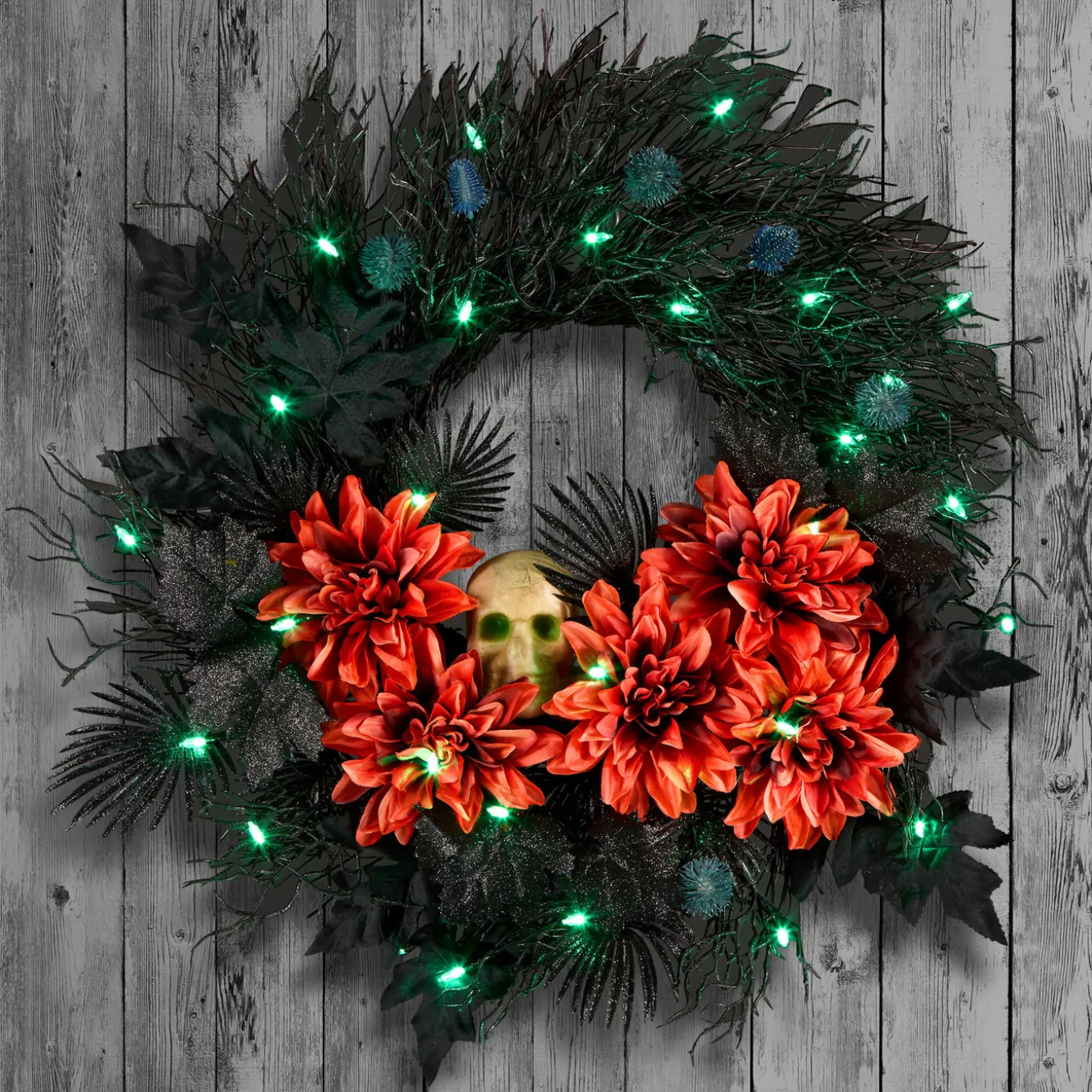 24 in. Halloween Boo-tiful Wreath with Orange Florals and White Skull, LED Lights