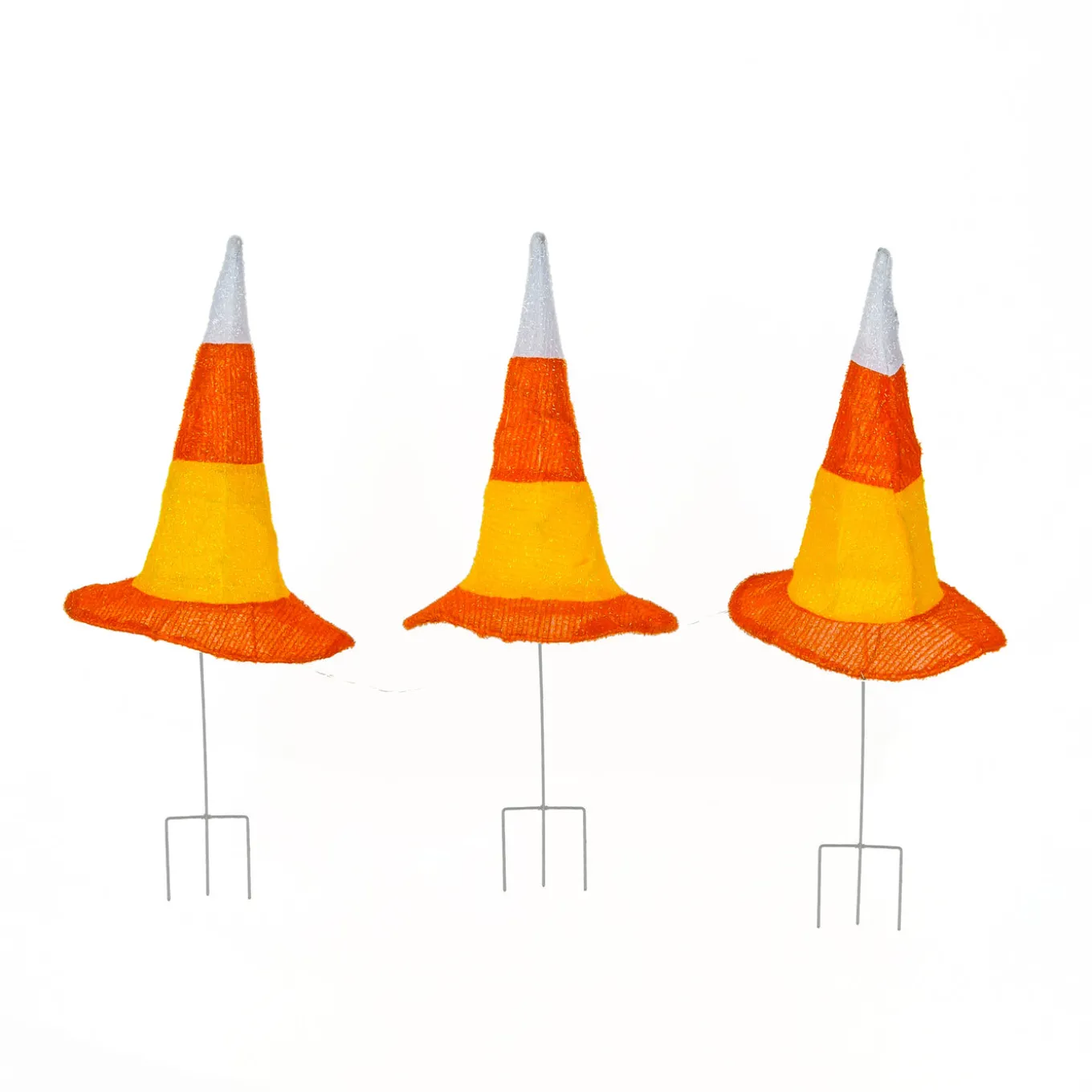 23 in. Halloween Candy Corn Witches Hats Garden Stake Lawn Decoration with LED Lights