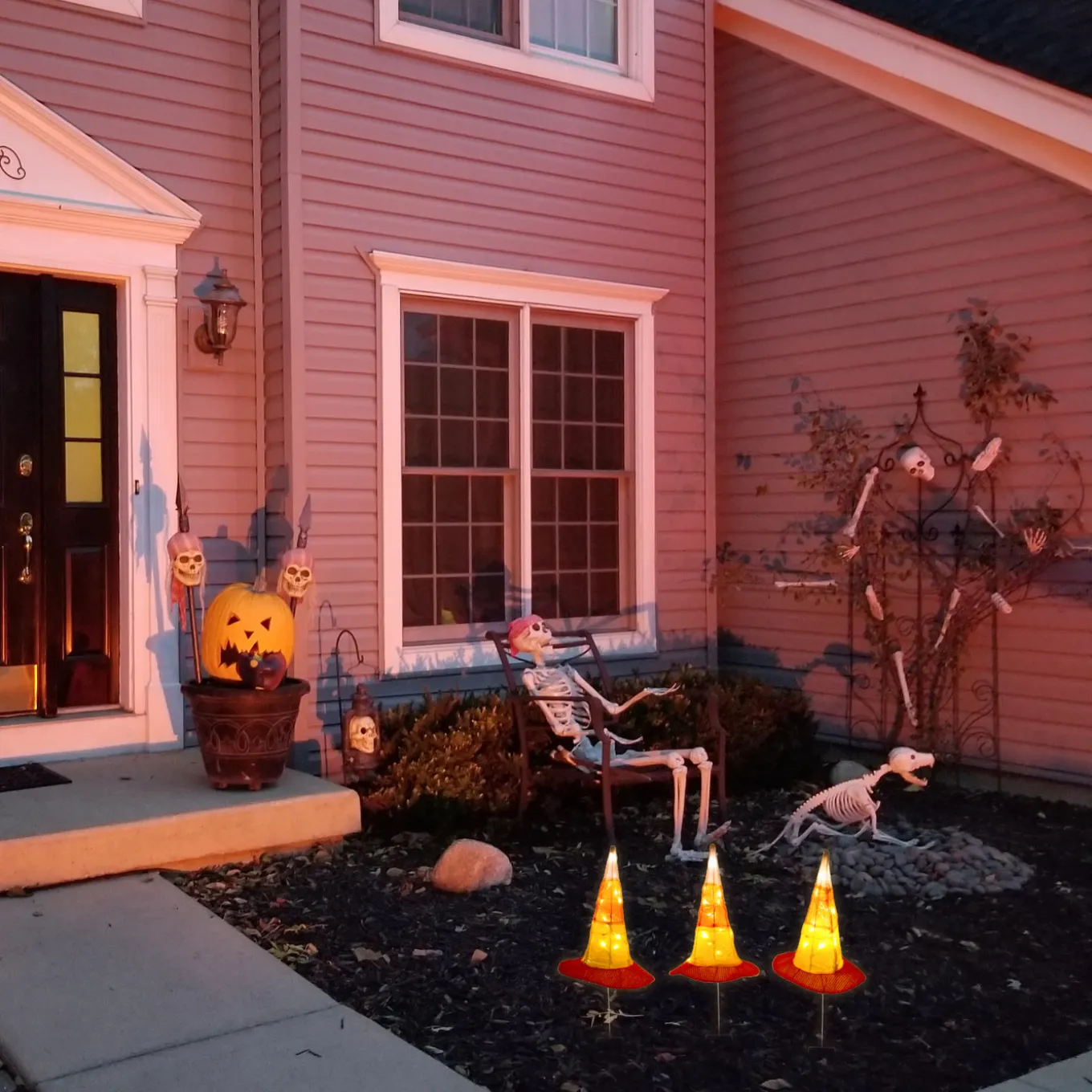 23 in. Halloween Candy Corn Witches Hats Garden Stake Lawn Decoration with LED Lights