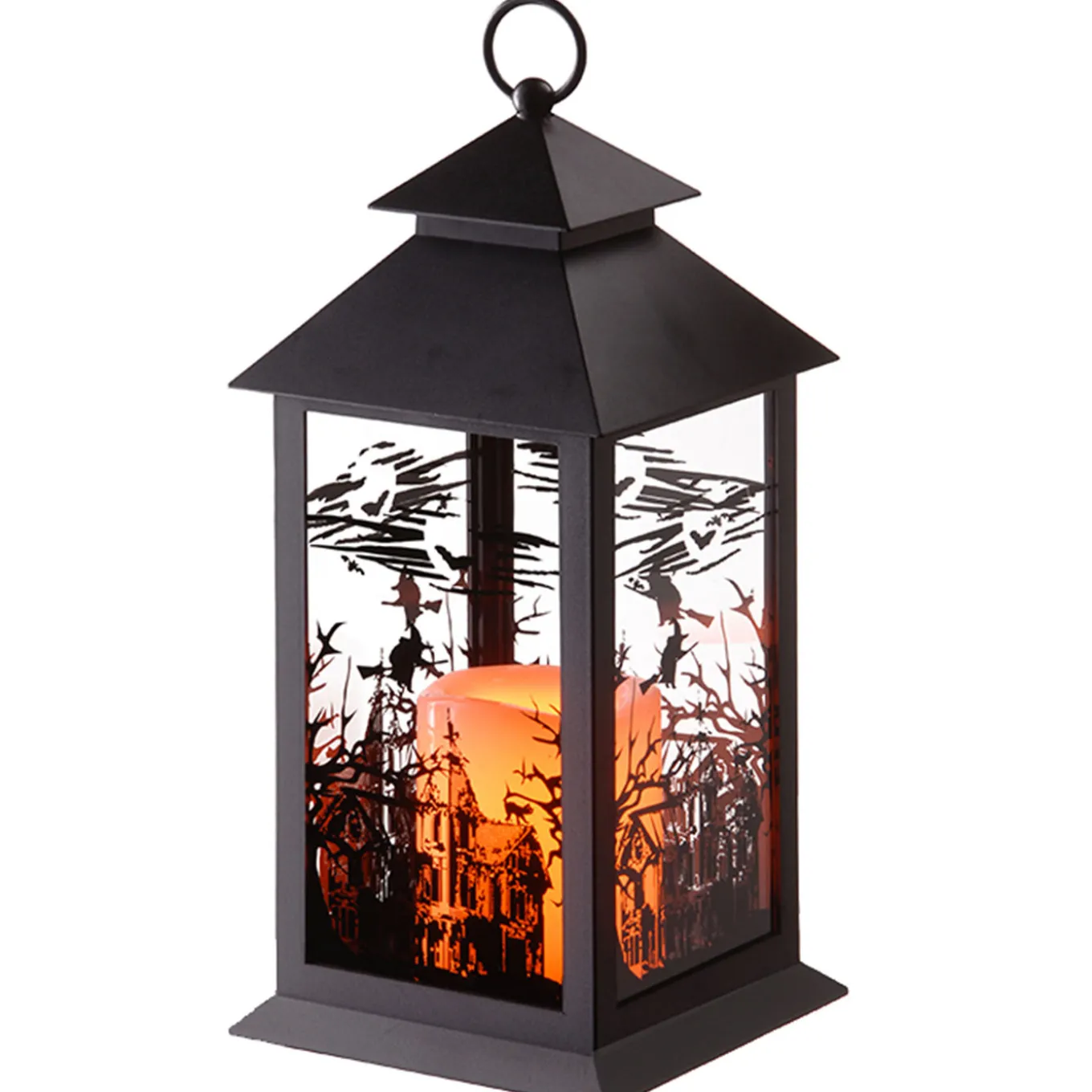 12 in. Halloween Carved Images of Witches Haunted House Lantern with LED Lights