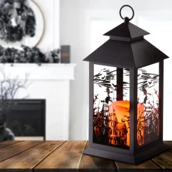 12 in. Halloween Carved Images of Witches Haunted House Lantern with LED Lights