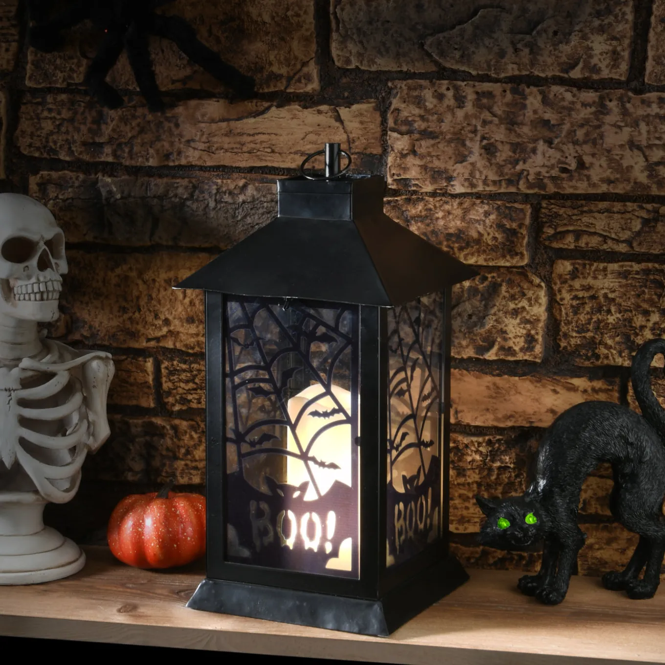 16 in. Halloween Carved Images of Bats and Cobwebs Lantern with LED Lights