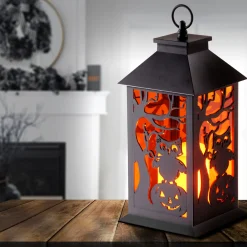 12 in. Halloween Carved Images of Owls Pumpkins Leafless Trees Lantern with LED Lights