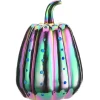 14 in. Halloween Ceramic Iridescent Purple Pumpkin with Multi Color Lights