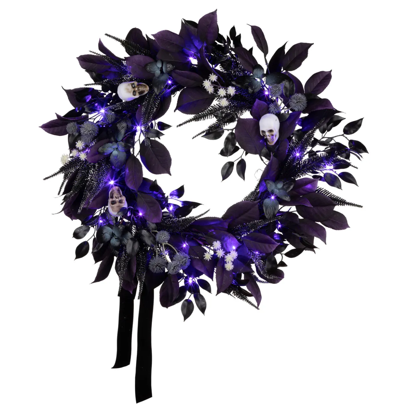 26 in. Halloween Floral Mini Skull Wreath with LED Lights