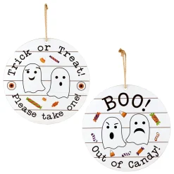 12 in. Halloween Hanging Double Sided Sign, White, Trick or Treat, Out of Candy