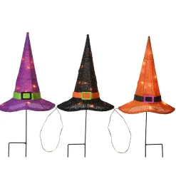 23 in. Halloween Orange,Black and Purple Witchs Hat Garden Stakes with LED Lights