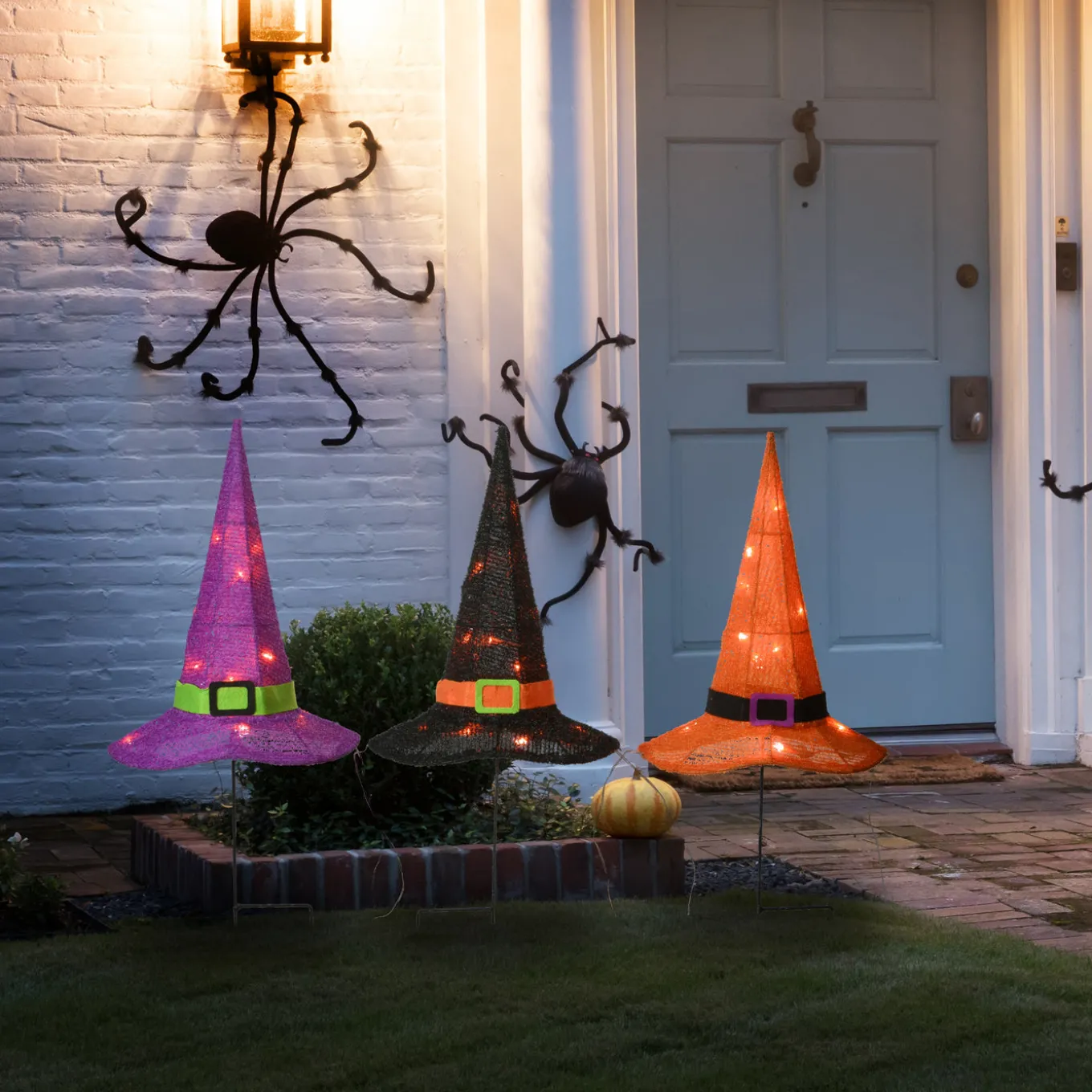 23 in. Halloween Orange,Black and Purple Witchs Hat Garden Stakes with LED Lights